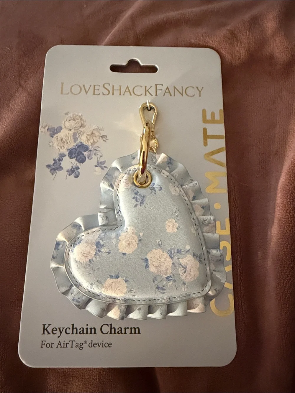 LoveShackFancy Blue Floral Heart Keychain Charm with Gold Hardware